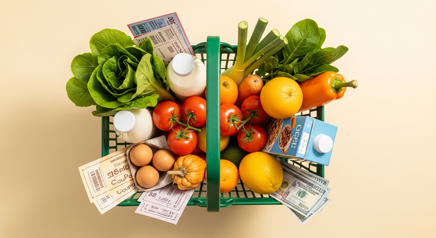 Overhead view of fresh groceries with coupons